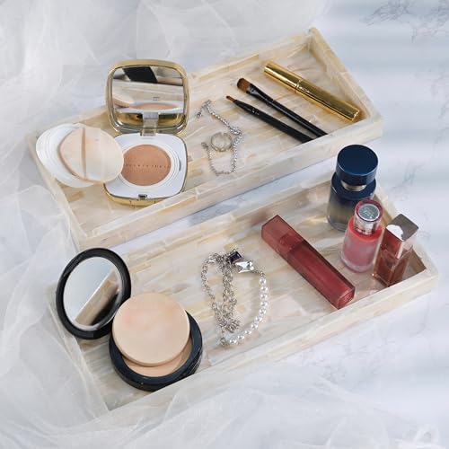 Set of 2 Mother of Pearl Bathroom Tray for Counter (White Tile)