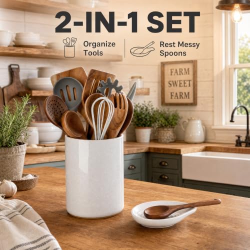 Ceramic Utensil Holder with Spoon Rest for Kitchen Counter (White & Spoon Rest 6.4'')