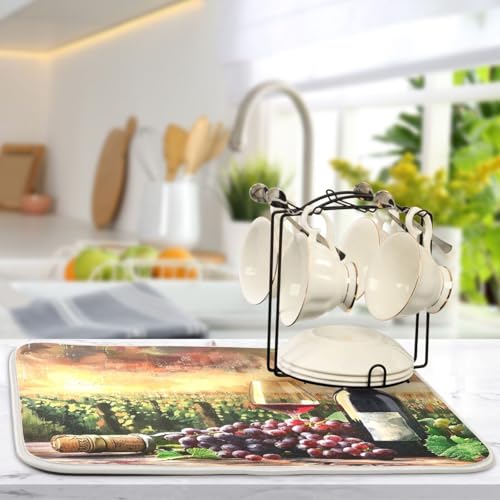 Grapes Wine Glass Bottle Dish Drying Mat for Kitchen Counter Absorbent Microfiber Drying Pad (16" x 16")
