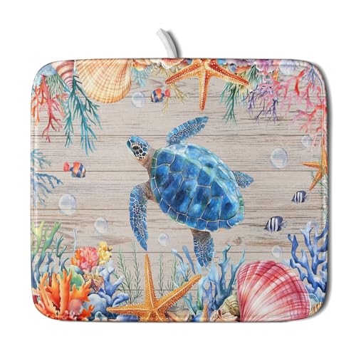 Sea Turtle Dish Drying Mat 16x18 inch Tropical Ocean Fast Dry Absorbent Microfiber Dishes Drainer Rack Pad for Countertop Bar Table Decor (Marine Turtle / 16" x 16")