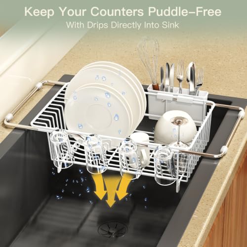 White Expandable Dish Drying Rack Over Sink with Anti (White / For 11.5"-16" W Sink with Cup Holder)