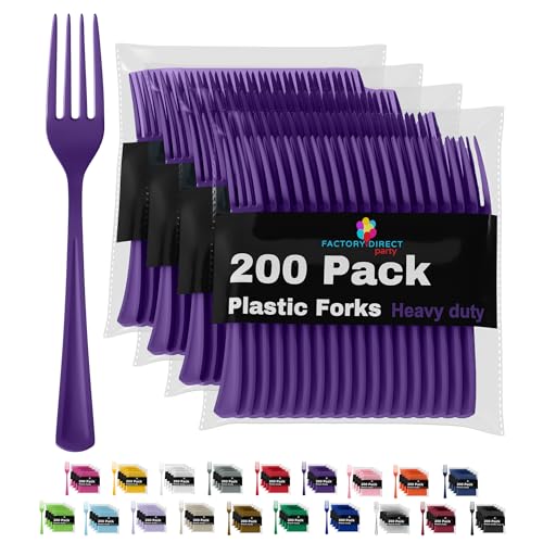 Purple Plastic Forks 200 Pieces Purple Forks Disposable Utensils Heavy Duty Plastic Cutlery Set Disposable Cutlery Sets Flatware Sets Silverware Set Party Supplies & Party Tableware (Purple / Forks)
