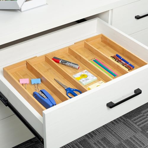Bamboo Expandable Kitchen Drawer Organizer Silverware Utensil Tray (Natural / Large)