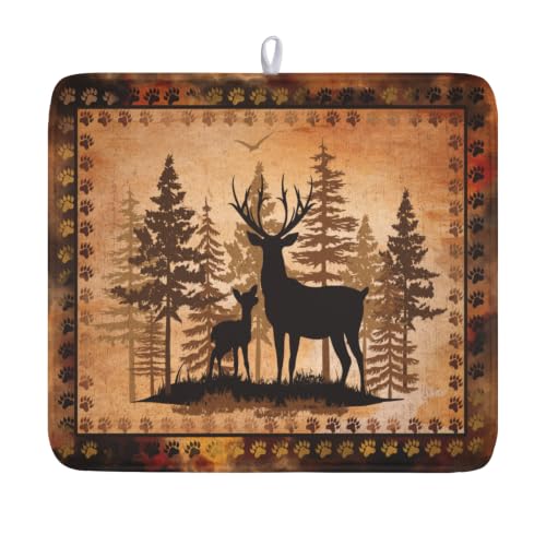 Forest Deer Dish Drying Mat Wildlife Animal Dishes Pad 16"x18" Microfiber Absorbent Fast Dry Drainer Rack Mats for Kitchen Countertop Decor (Forest Deer Brown / 16x18 inch)