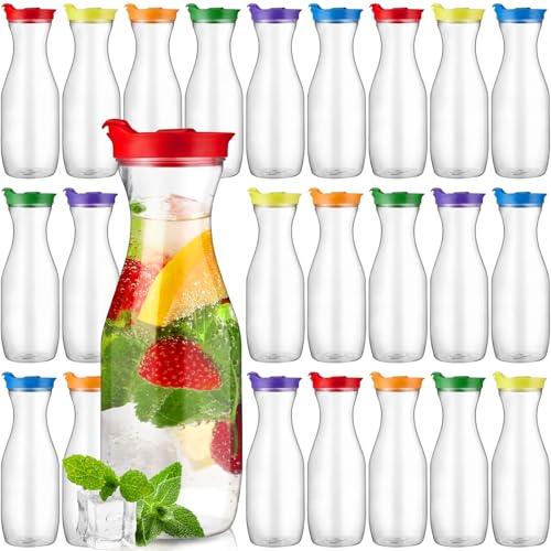 24 Pcs Plastic Water Carafe with Lid 32 Oz Clear (Rainbow Color Cap)