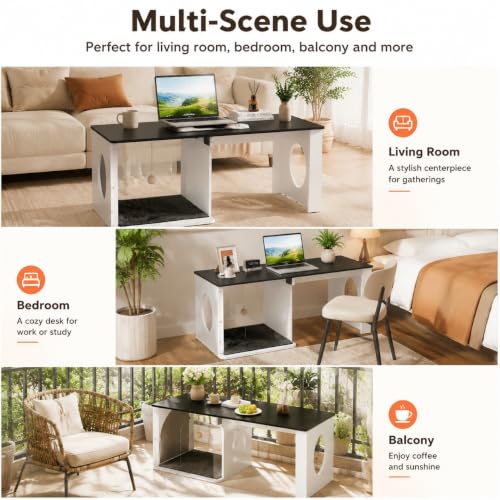 Coffee Table Cat House with Cat Scratcher Pad + Ball (Urban White / 47" with Shelf)