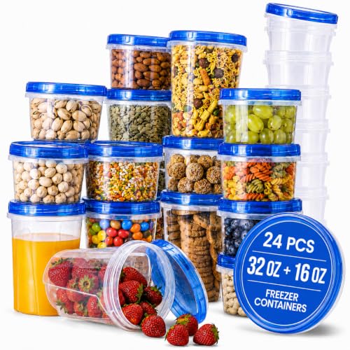 Freezer Storage Containers with Lids (24 PACK - 16/32 OZ - BLUE)