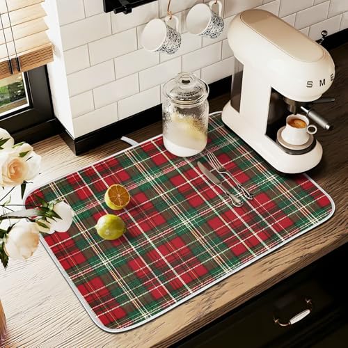 Christmas Red Green Buffalo Checkered Dish Drying Mat for Kitchen Counter Absorbent Microfiber Large Drying Pad Dish Mats for Kitchen Countertops 18 x 24 Inch (24" x 18")