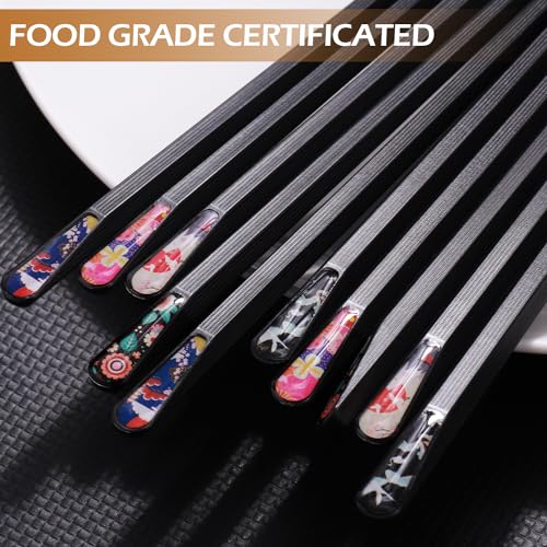 5 Pairs Premium Chopsticks Reusable Dishwasher Safe 9.5 Inch Fiberglass Chop Sticks Gift Set Hexagon Black Non Slip with the Printed Tops (Black with Printed Tops)