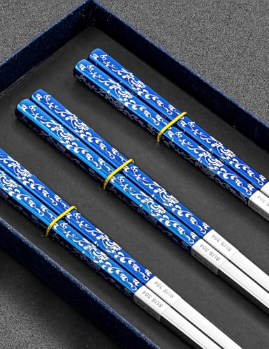 Metal Chopsticks Reusable (Floral Blue 3 Pairs)