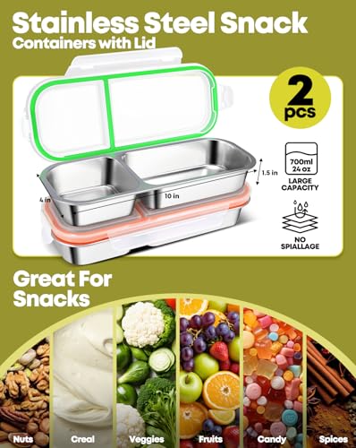 2 Pack Stainless Steel Snack Containers (2 compartment Orange Green)