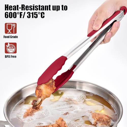 Kitchen Tongs with Silicone Tips for Cooking Serving (12in / Red)