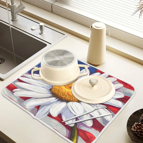 Daisy Flowers and American Flag Dish Drying Mat for Kitchen Counter Absorbent Microfiber Large Drying Pad Dish Mats for Kitchen Countertops 18 x 24 Inch (24" x 18")