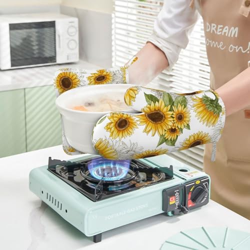 Yellow Sunflower Oven Mitts Pot Holders Set Silicone Heat Resistant Sunflowers Oven Mitts and Hot Pads Yellow Flowers Potholders Non (Yellow)