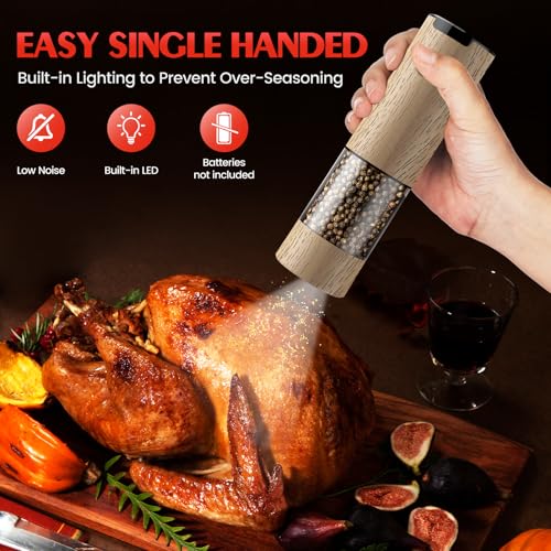Electric Salt and Pepper Grinder Set Automatic Battery Pepper Mill Shakers Adjustable Coarseness Upgraded Larger Capacity with Led Home and Kitchen Appliances Birthday Gifts for Women Mom (Wood Grain)