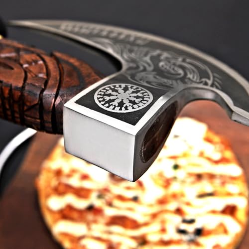 Pizza Cutter Axe Rocker Carbon Steel Slicer Chef Pizza Cutter Viking Axe with Leather Cover (Royal Skull)
