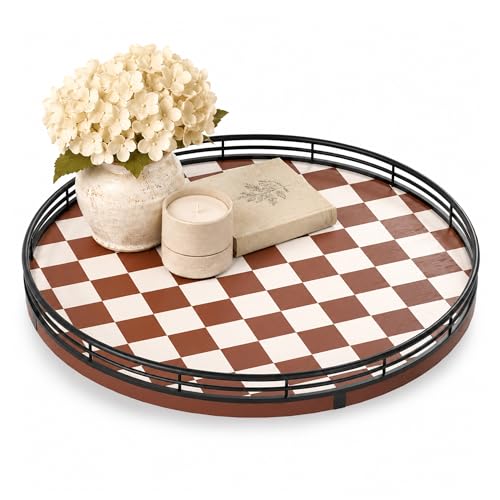 12 Inch Brown Checkerboard Lazy Susan with Black Metal Rail (Brown & White / 12 inches)