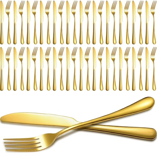 50 Pieces Stainless Steel Forks Silverware Set Dinner Forks and Knives Flatware Tableware Cutlery Set for Kitchen Restaurant (8.07 x 0.94 Inch, 9.06 x 0.79 Inch / Gold)