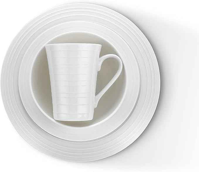 Stone Lain Eleanor Bone China 16 Piece Dinnerware, Plates and Bowls for 4, White Dish Collection with Mugs, Elegant Swirl Design, Microwave & Dishwasher Safe