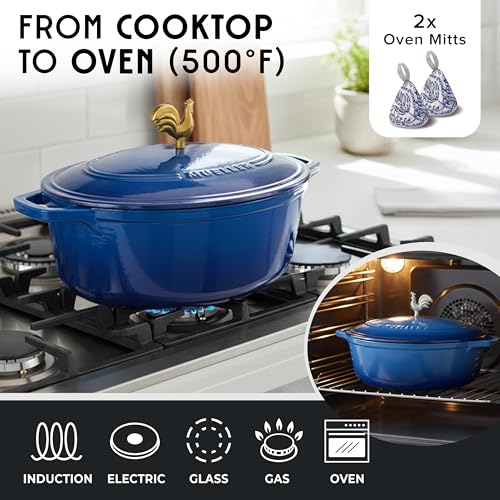 MUELLER HOME 5.5 Quart Enameled Cast Iron Oval Dutch Oven w Rooster Knob & Cotton Potholders (5.5 Quart -Oval / Aqua Blue)