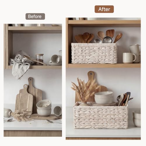 Large Wicker Baskets for Storage (White (Water Hyacinth) / 15"L x 11"W x 7"H + 13"L x 9"W x 6¼"H)