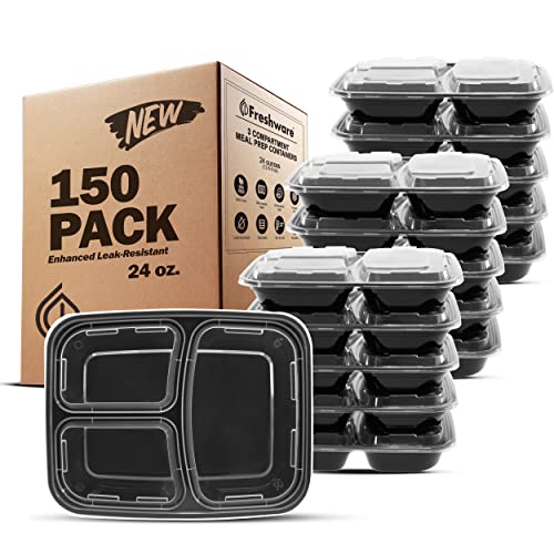Meal Prep Containers [150 Pack] 3 Compartment with Lids (24OZ-150PK)