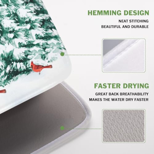 Winter Gnome Dish Drying Mat Pine Tree Dishes Pad 16"x18" Microfiber Absorbent Fast Dry Drainer Rack Mats Protector for Kitchen Countertop (Winter Gnome Bird / 16x18 inch)