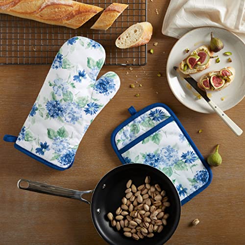 Amber Floral Oven Mitt & Pot Holder Set 2 (Blue)