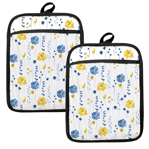 Blue and Yellow Floral Oven Mitts Set (Haodh-7)