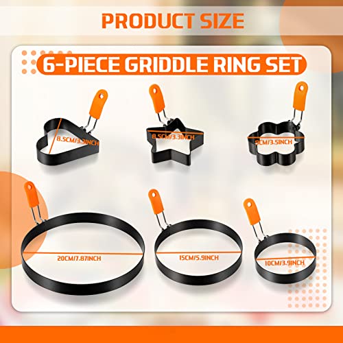 6 Pcs Egg Ring Pancake Ring Set Stainless Steel Fried Egg Molds Griddle Pancake Shapers with Silicone Handle for Breakfast Omelette Sandwich (Assorted Style / 4 inches, 6 inches, 8 inches)