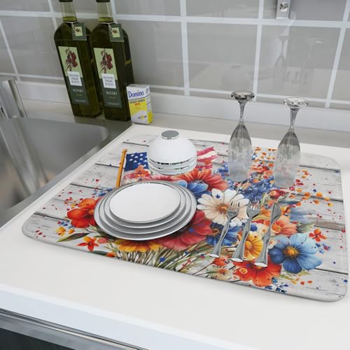 4th of July Dish Drying Mat 18x24 inch Patriotic Floral Fast Dry Microfiber Reversible Dish Drainer Rack Pad Kitchen Counter Accessories (Patriotic Floral / 18" x 18")