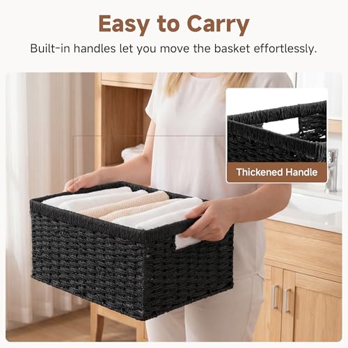 Wicker Storage Baskets for Organizing (Black (Paper Rope) / 15"L x 11"W x 7"H + 13"L x 9"W x 6¼"H)