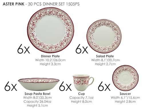 30 Piece Porcelain Dinnerware Set for 6 (Aster Pink / 30)