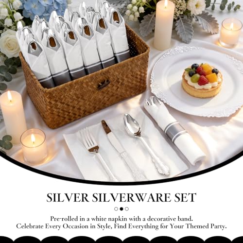 400PCS Pre Rolled Silver Plastic Silverware Sets Fancy for Wedding (Silver - Fancy)