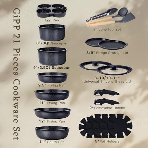 Pots and Pans Set Non Stick (Dark Gray / 21PCS-Big Size)