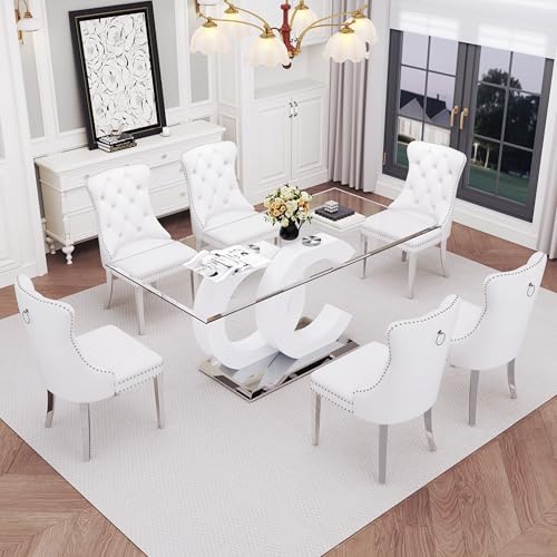 7 Piece Glass Dining Table Set for 6 (White Table & Silver White Chair / 7-Piece Set-OC-Shaped Table)