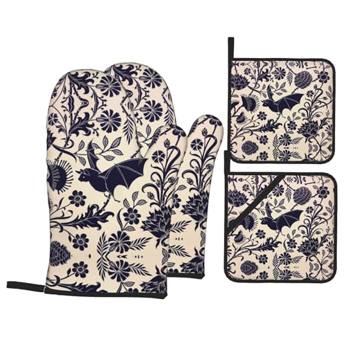 Bats and Flower Oven Mitts and Pot Holders Sets of 4 (One Size / Bats Flower)