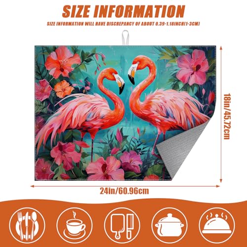 Tropical Flower Flamingo Dish Drying Mat for Kitchen Counter Microfiber Absorbent Dish Kitchen Drying Mat Draining Reusable Washable for Dishes