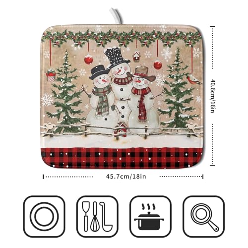 Winter Snowman Dish Drying Mat 16x18 Inch Red Buffalo Plaid Holiday Dish Drainer Mat Absorbent Dish Rack Pad for Kitchen Counter Sink Decor (Winter Snowman Bell / 16" x 18")