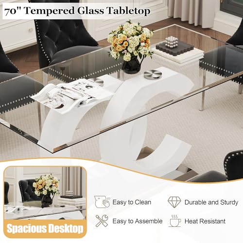 7 Piece Glass Dining Table Set for 6 (White Table & Silver Black Chair / 7-Piece Set-OC-Shaped Table)