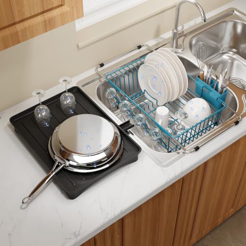 Blue Expandable Dish Drying Rack Over Sink with Extra Drainboard (Blue / For 11.5"-16" W Sink with Cup Holder & Drainboard)