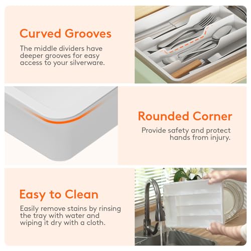 Silverware Drawer Organizer Tray (White / 9.5 x 13.4 inch (5 Slots))