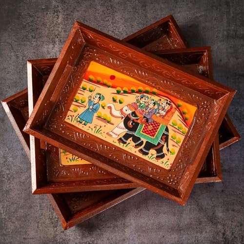 Hand Painted Wooden Serving Tray Set of 3 (Brown / Set of 3)