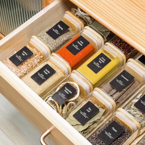 Square Glass Spice Jars with Labels 8 oz 12 Pack with Bamboo Lids (12 Count)