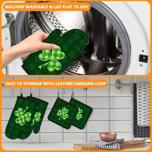 Green Clover Oven Mitts and Pot Holders Sets 4Pcs (Green Clover)