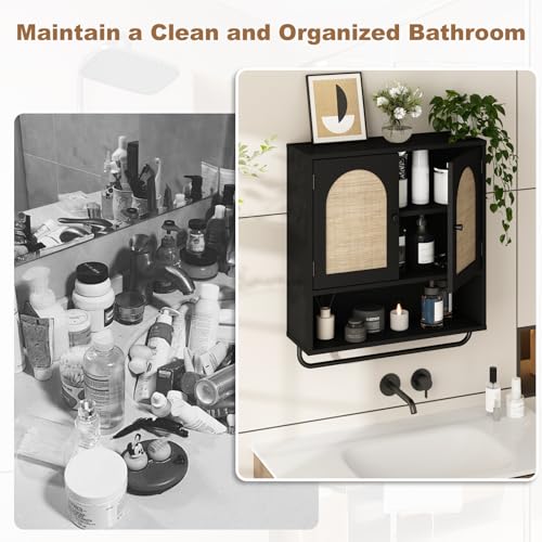 Rattan Bathroom Wall Cabinet (Black / 2 Doors)