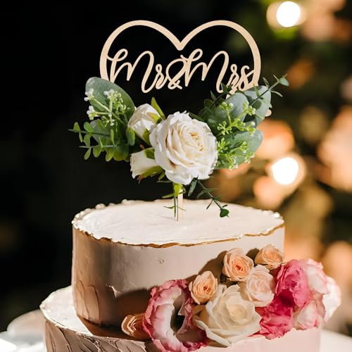 Mr & Mrs Wedding Cake Topper in Wood Heart Cake Topper with Flowers and Leaves (Premium)