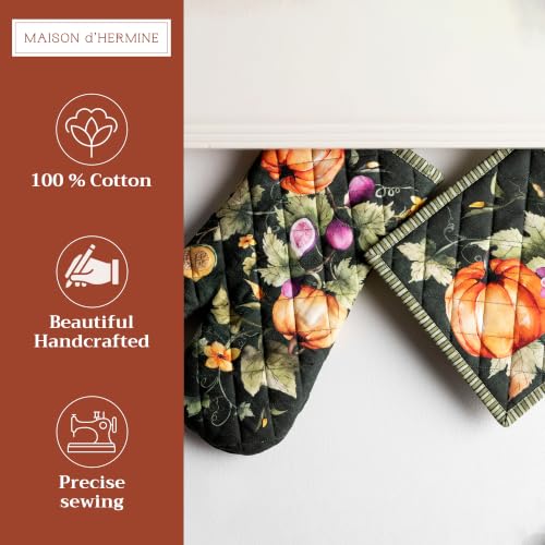 100% Cotton Oven Mitt & Pot Holder Set (026 - Pumpkin Garden - Dark Green / 7.5" x 13" & 8" x 8" (Oven Mitt & Pot Holder))