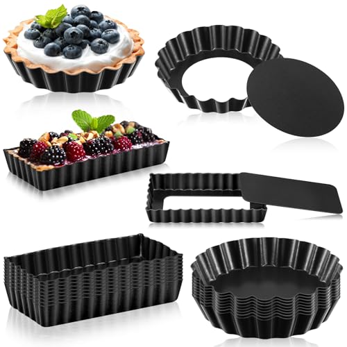 16 Pcs Mini Tart Pans for Baking (4 Inch and 4.33 x 2.36 x 0.79 Inch / Black Round/Rectangle)