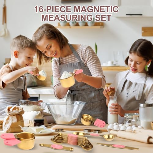16 Piece Magnetic Measuring Cups & Spoons Set (16-Piece Pink & Gold)